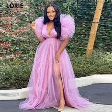 LORIE Gorgeous Pink Ruffle Sleeve Tulle Evening Dresses 2021 A Line Deep V-neck Side Spilt Floor Length Prom Gowns For Pregnancy (3)