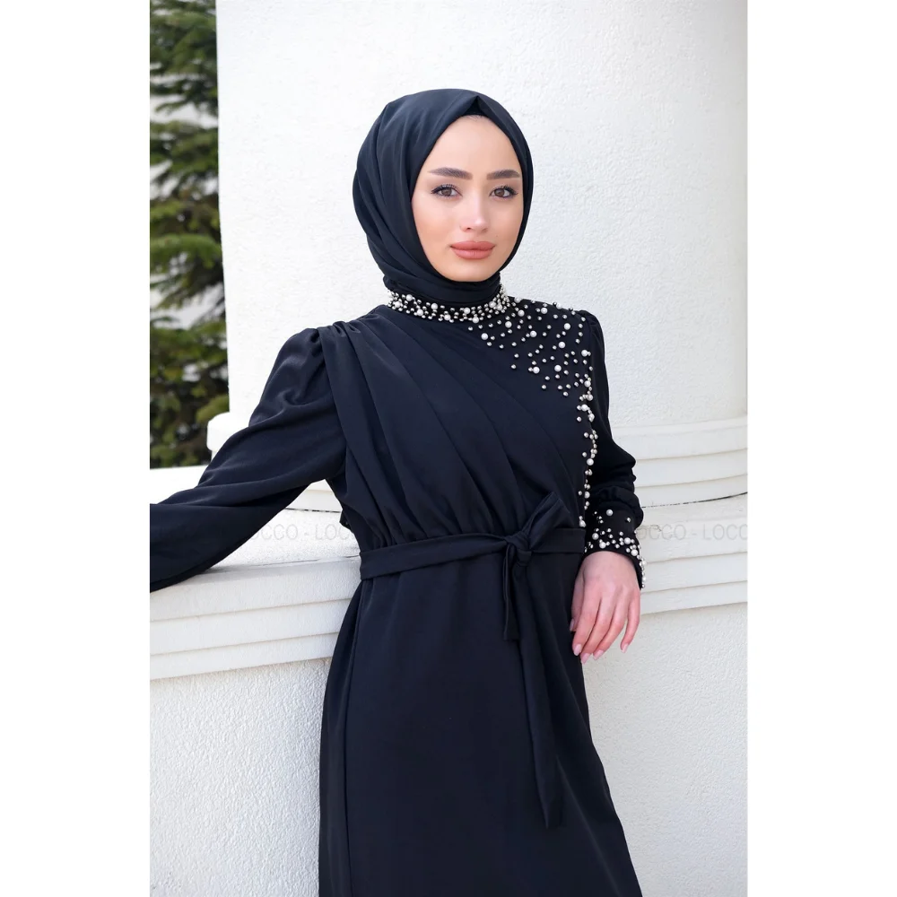 PEARL EMBROIDERED BELTED HIJAB DRESS STYLISH 2022 SEASON open abayas for women dubai abaya islamic clothing for women islam open