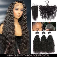 beeos 32in deep wave 13x6 hd lace frontal with bundles melt skin curly hair weave extension human hair 3 bundles with closure