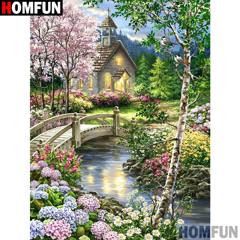 

HOMFUN Diy 5d Diamond Painting "House Tree Flower" Cross Stitch Square Round Diamond Embroidery Handwork Rhinestone Art