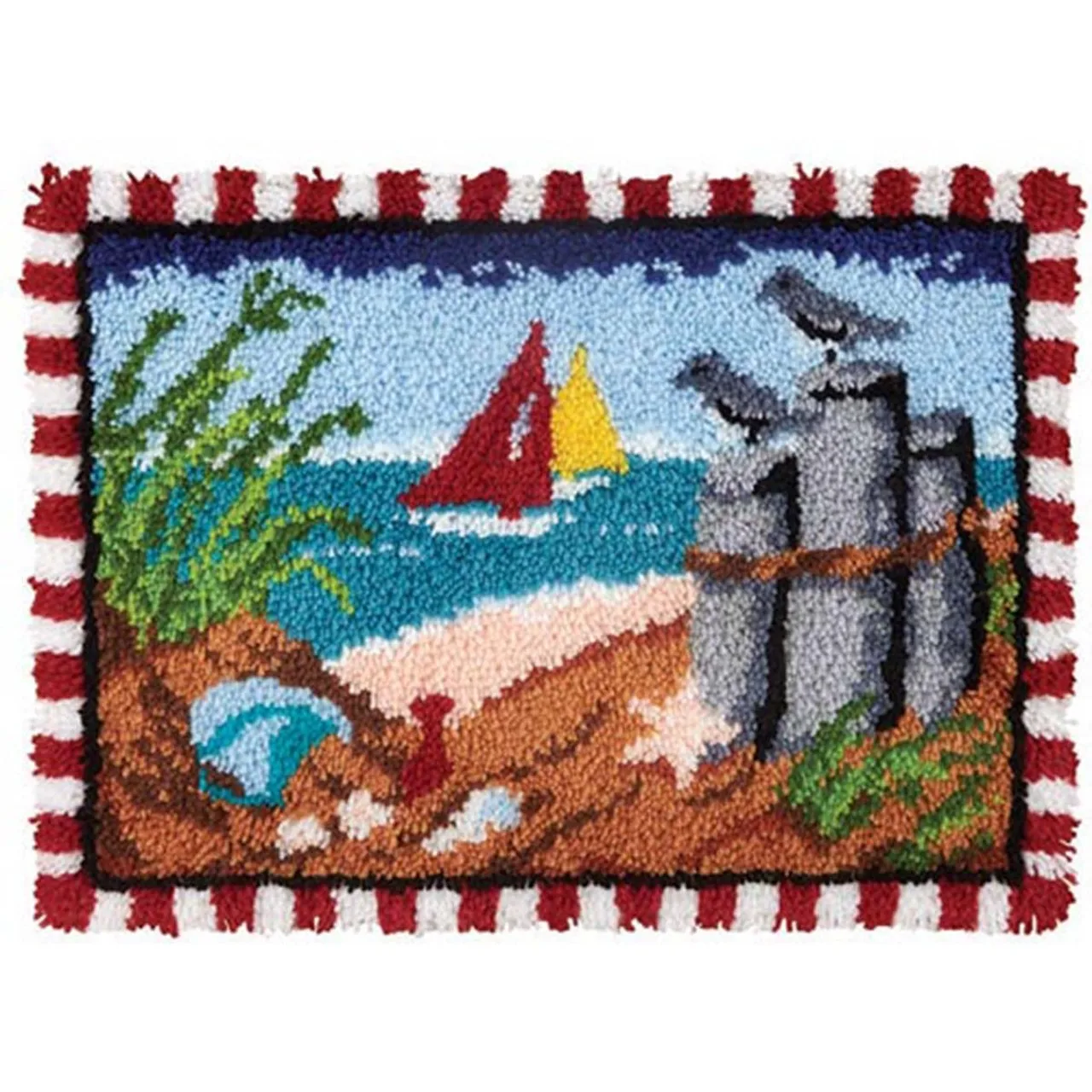 

Latch Hook Kits Seaside Scene Wall Hanging DIY Carpet Rug Pre-Printed Canvas with Non-Skid Backing Floor Mat 80x60cm