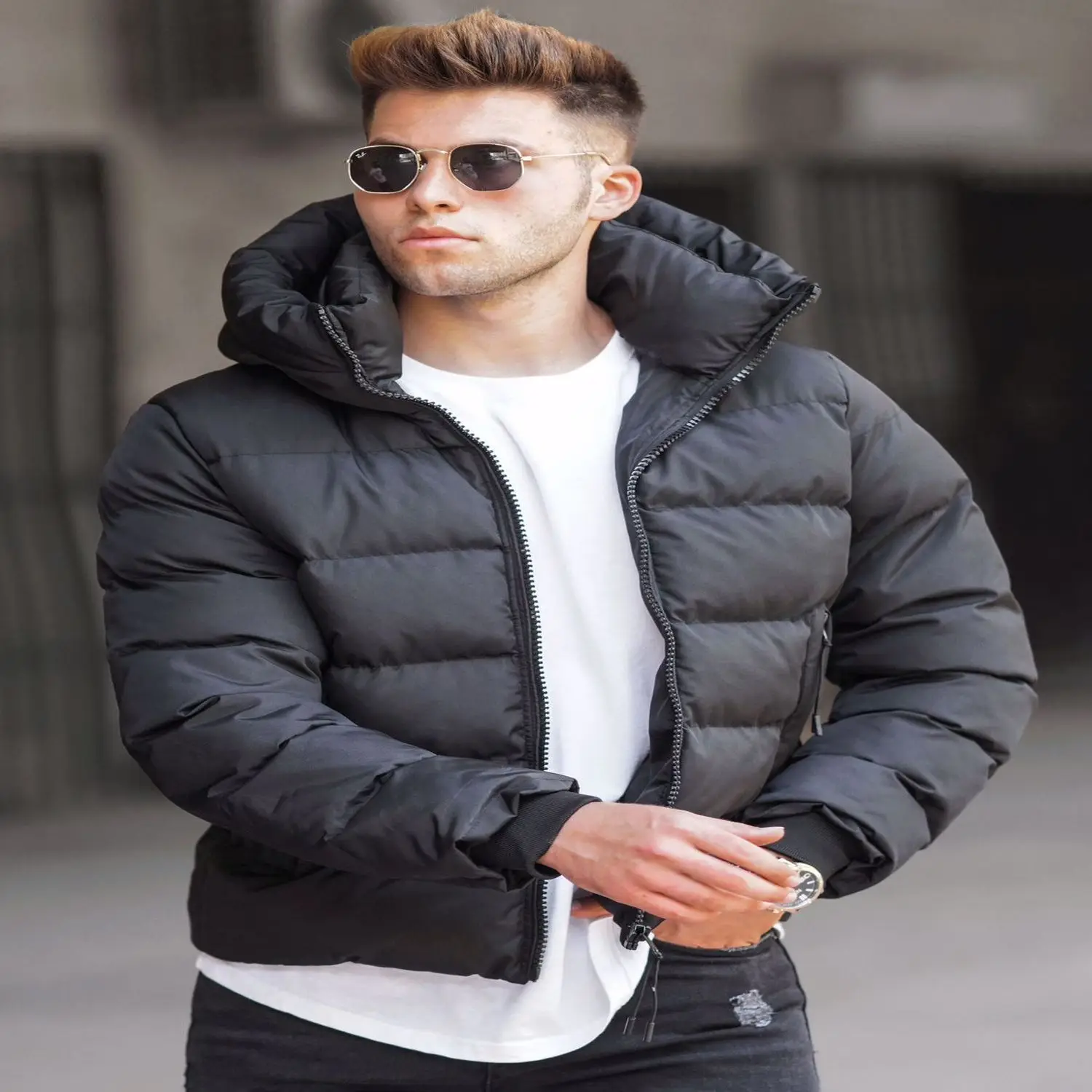 Male Tan Inflatable Coats Winter warm men jacket coat casual autumn stand collar puffer thick şapka down filled jacket