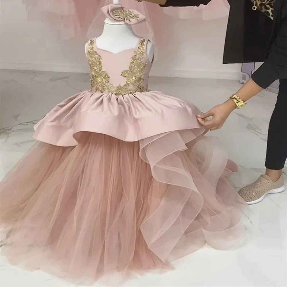 

Pink Long Little Girls Ball Gown Pageant Dress Birthday Party Kids Gold Lace Tulle Girls Dresses Size 2-14Years