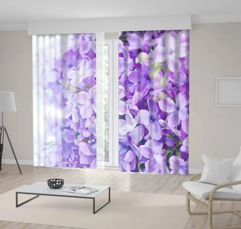 

Curtain Lilac Flowers Sunny Spring Day Garden View Romantic Blossom Bouquet Photo Purple White