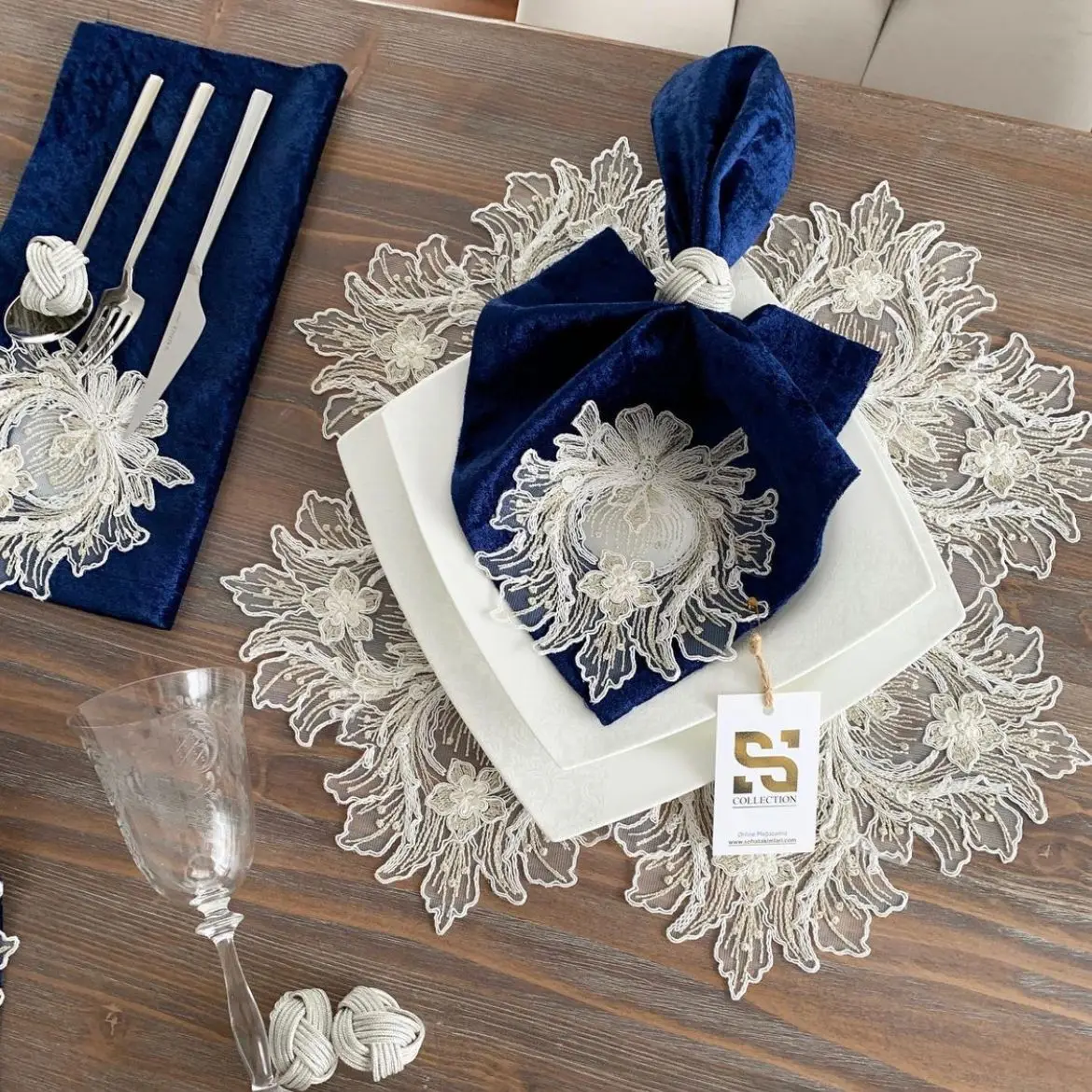 

Lacy Silk Velvet 6 People Set Green-Navy blue 6Placemats+6Napkins+6 Rings party decoration tablecloth table cover dining tables