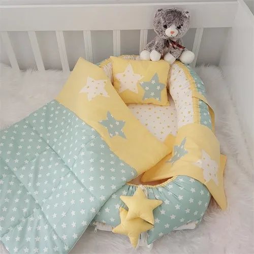 Jaju Baby Handmade Green Star and Yellow Design Orthopedic Lux Babynest 4 Pieces Set Mother Side Babynest Baby Bed Bedding Set