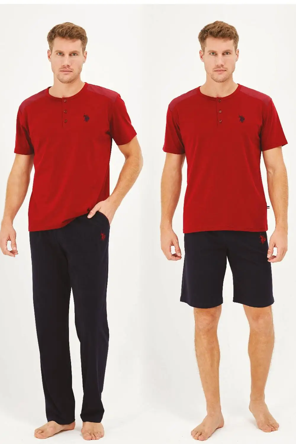 Summer Men's Pajamas Set 3 piece Zero Collar Buttoned Long sleeves and Shorts Side Pockets Cotton Night Sleep Comfortable horse hom