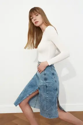 

Women's Blue Slits Midi Denim Skirt Women 'S Clothing Young Girl Clothing 2021 Spring Summer Collection Free Shipping