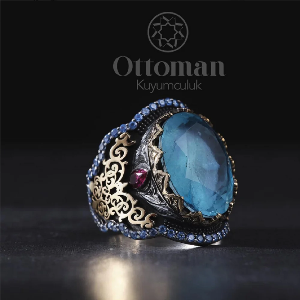 Ottoman Unisex Ring With Paraiba Stone Adjustable Class Ring Turkish Handmade Ring Ottoman Jewelry Free Shipping Items For sex