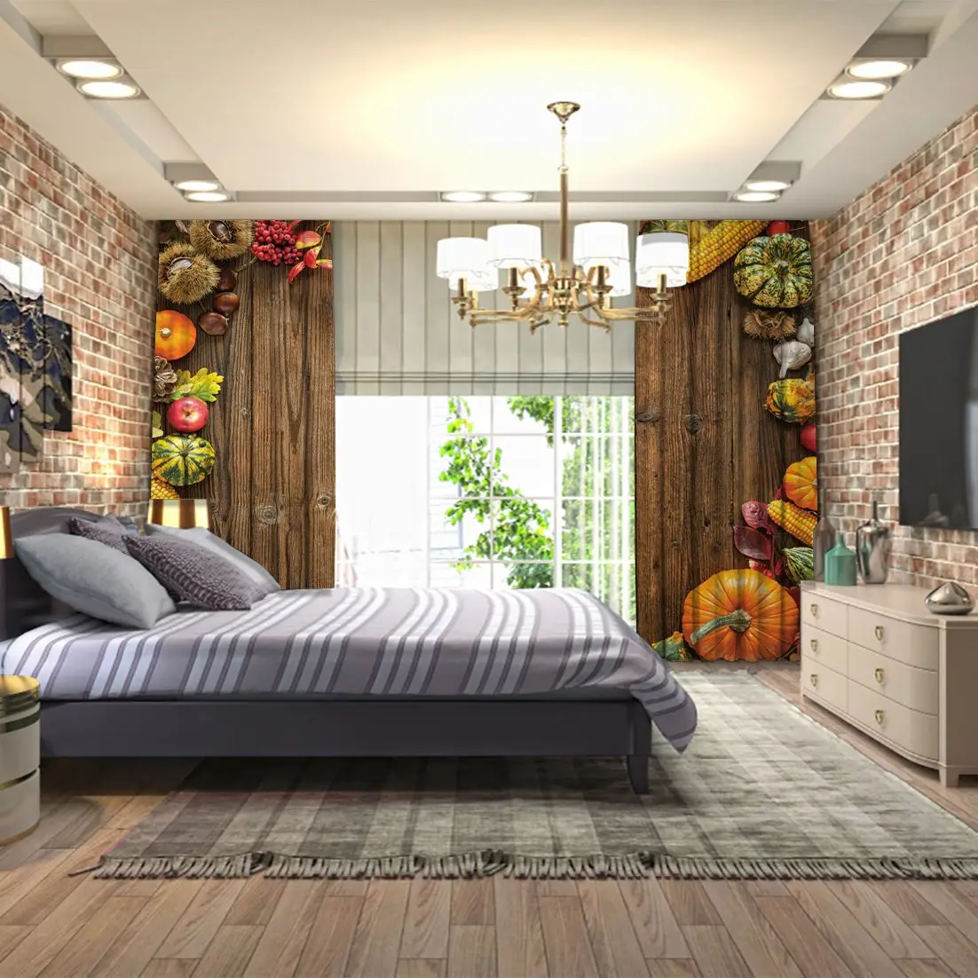 Занавески фрукты и тыквы на деревенском деревянном столе обои Урожай страны