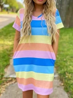 summer dresses for women 2022 colorful striped pocket v neck mini dress v neck short sleeve vestidos casual sexy robe