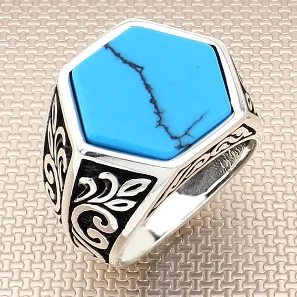 

Straight Hexagon Blue Raw Turquoise Stone Silver Ring Men Silver Ring With Leaf Motif Made in Turkey Solid 925 Sterling Silver