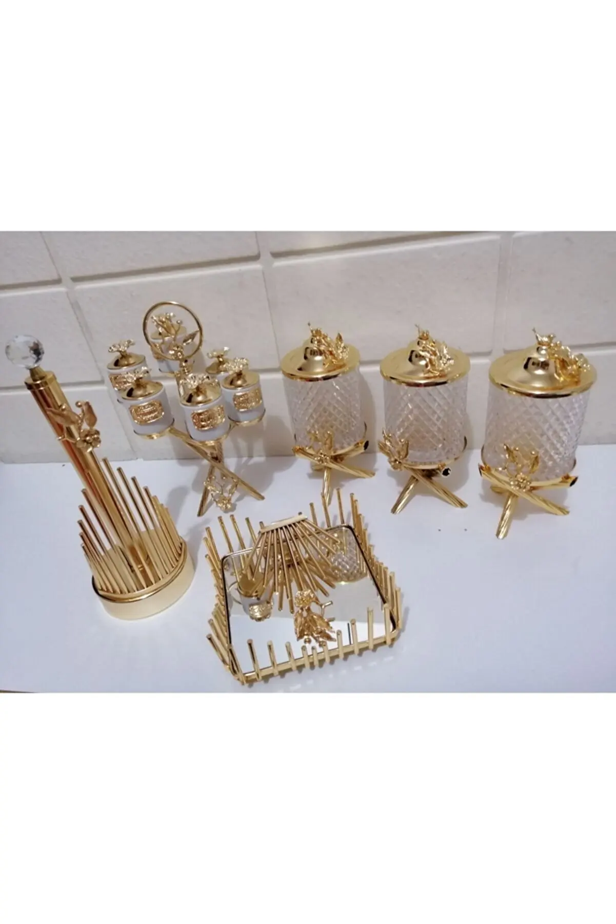 

Home Jar Set Spice Set Stand Napkin Holder Crystal Look Metal Fan Plated Decoration And Set Kitchen Presentation Utensils Gold