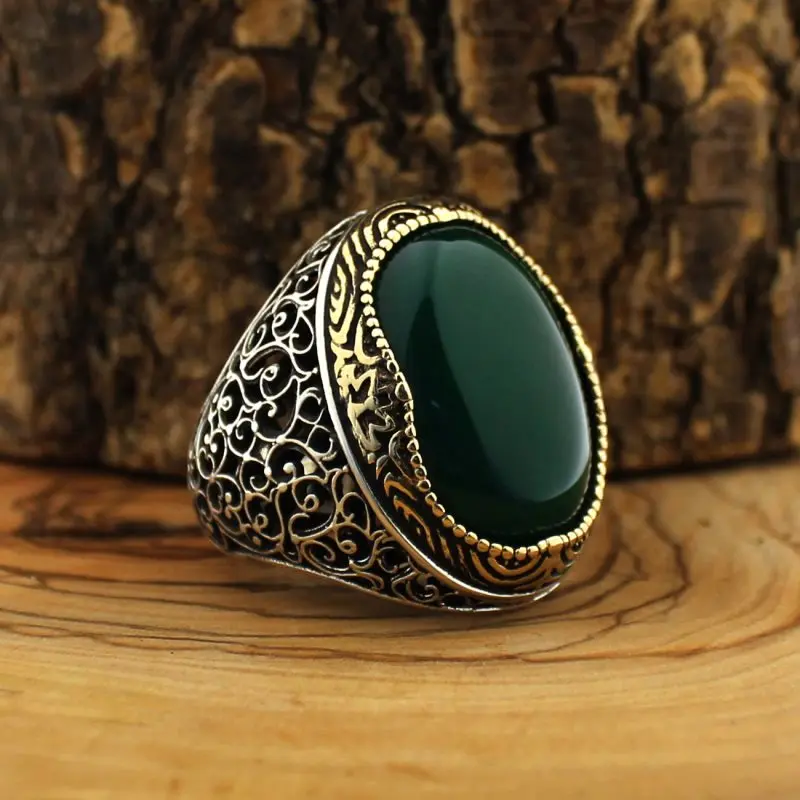 Реальные 925 стерлингового серебра натуральный камень кольцо для мужчин Aqeeq