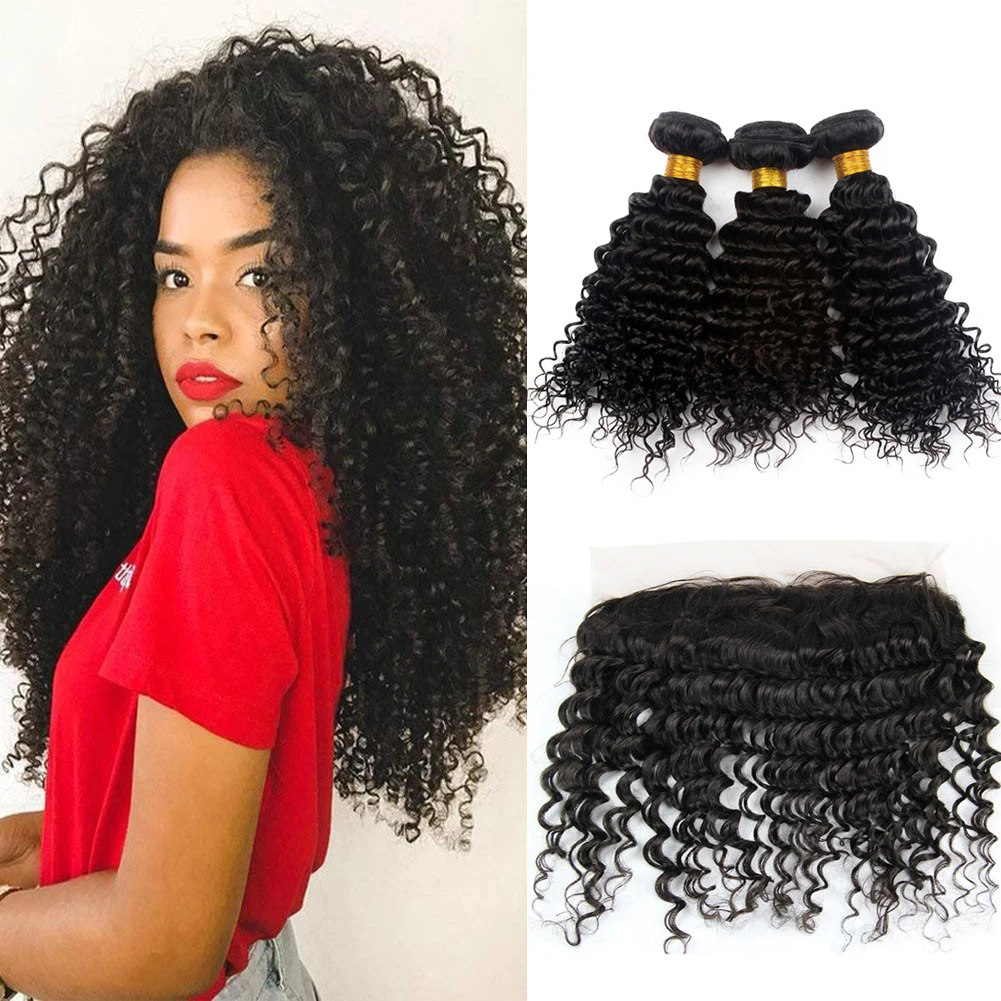 3 Curly Hair Bundles With 13x4 Lace Frontal Brazilian Remy Water Wave Human Hair Extensions With Free Part Lace Frontal