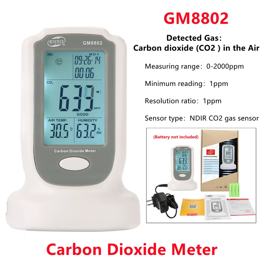 

5X 0-2000ppm Digital Carbon Dioxide Meter GM8802 Gas Analyzer Tester Gas Analyzer Tester Air Quality Monitor NDIR CO2 Gas Sensor