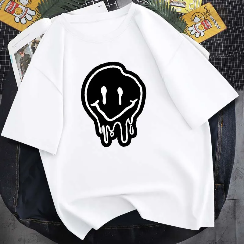 

Summer New Product Black Smile Print Neutral T-Shirt Pure Cotton 14-Color Round Neck Harajuku Short-Sleeved Simple Daily Top