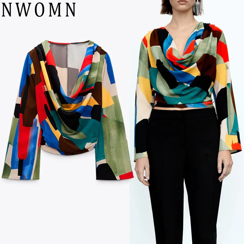 

NWOMN Za 2021 Patchwork Crop Top Women Vintage Ruched Blouses Woman Long Sleeve Chic Flowing Collar Shirt Autumn Elegant Blouses