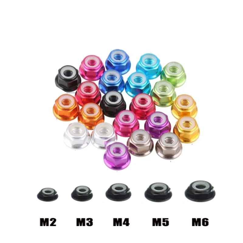 

10pcs M2 M3 M4 M5 M6 Red/black/ blue/ light blue/ orange/ golden/purple/pink/sliver/grey Anodized Aluminum Flange Nylon Lock Nut