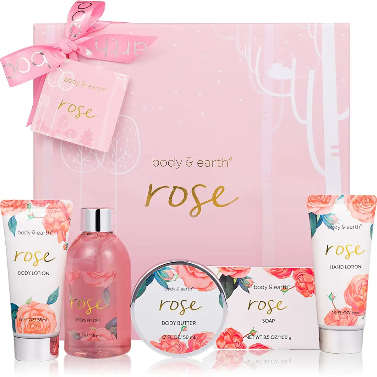 Rose Spa Gift Set, 5 Piece Bath and Body Set Includes Shower Gel, Body Butter, Hand Cream, Body Lotion