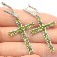 55x27mm ravishing long cross created green peridot pink tourmaline women wedding 925 sterling silver earrings