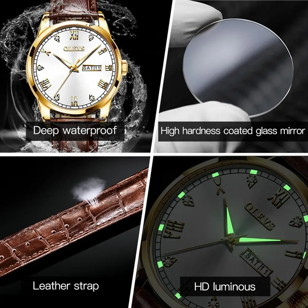 

OLEVS Business Quartz Watch Diamond Luminous Waterproof Roman Dial Trending Leather Strap Men's Luxury Watches Relogio Masculino