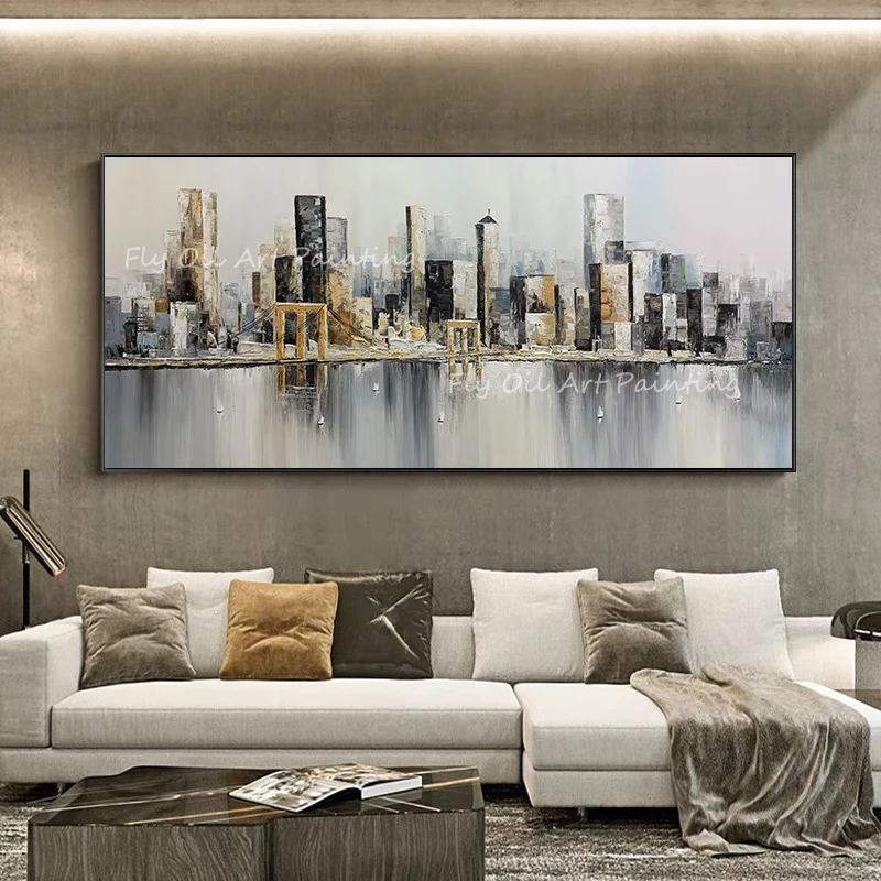 

100% Handmade large size modern city high quality ocean new design oil painting for office living room decoration unframe