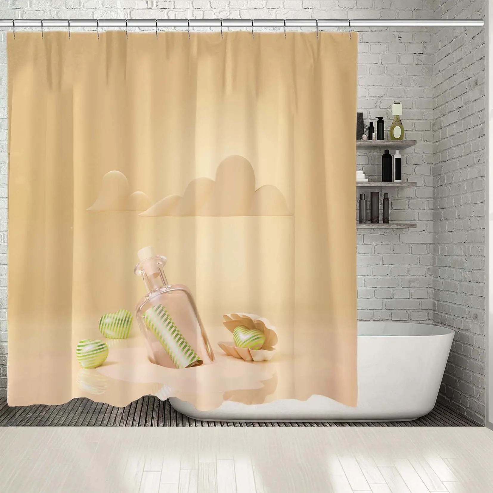 

Shower Curtain Hearts Seashell Clouds and Bottle with Note Inside Sea Beach Artwork Printed Green Beige