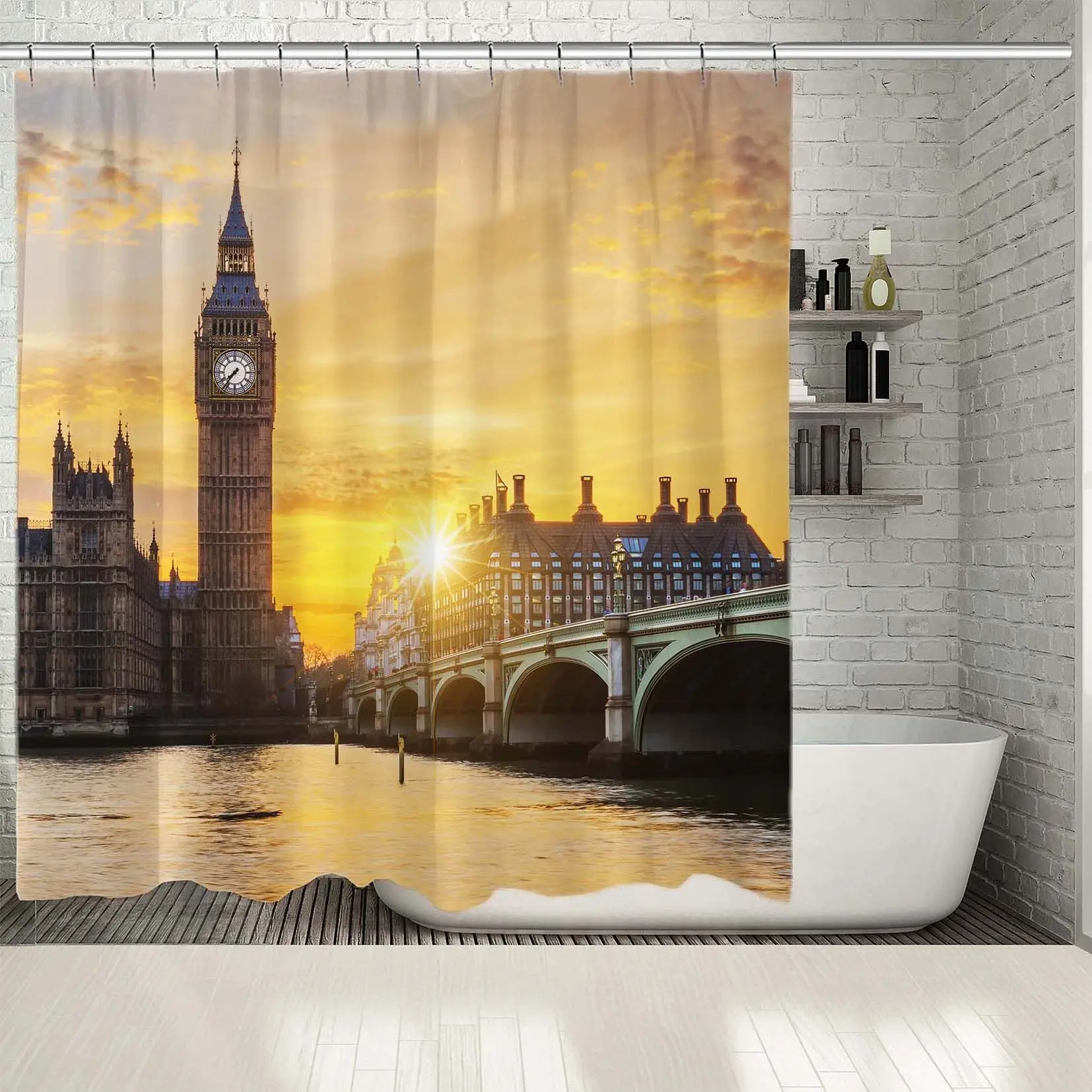 Shower Curtain Big Ben and Westminster Bridge Sunset at London UK Historic Capital City Evening View Yellow Brown | Дом и сад