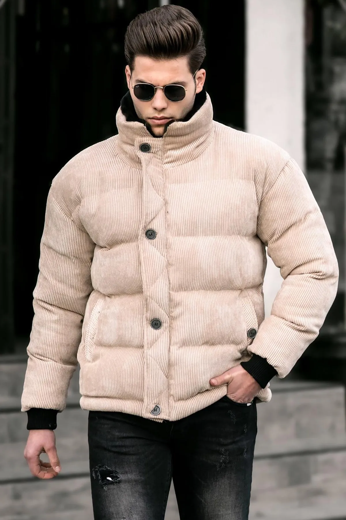 Men's Corduroy Inflatable Coat plus velvet thick Denim jacket men Casual lapel cotton Denim jacket men fur collar warm winter