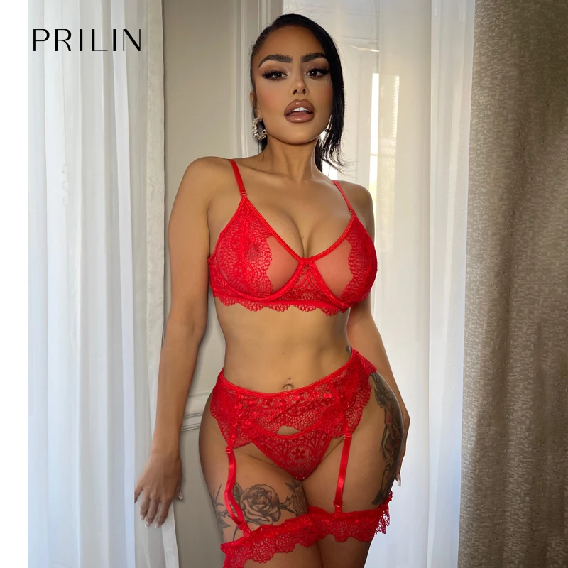 

PRILIN Women Sexy Lingerie Set Garter Belts Lace Floral Leg Ring Underwire Bras Sex Panties Transparent Sensual Underwear Red