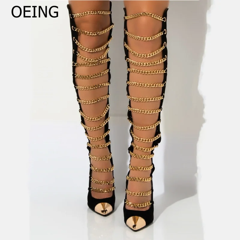 

Women 2022 Gold Chain Knee High Boots Ladies Sexy Pointed Toe Suede Hollow Out Thin High Boots Casual Party Summer Sandals Boots