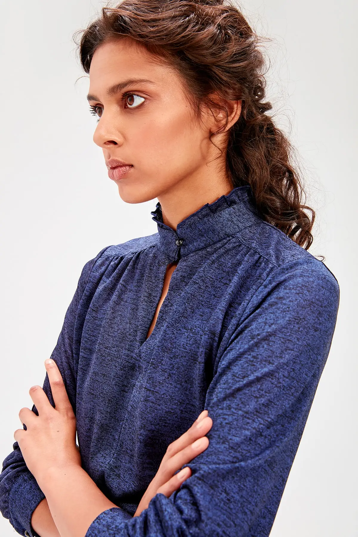 Темно-синяя трикотажная блузка с отвесным вырезом TWOAW20BZ0257 | Женская одежда