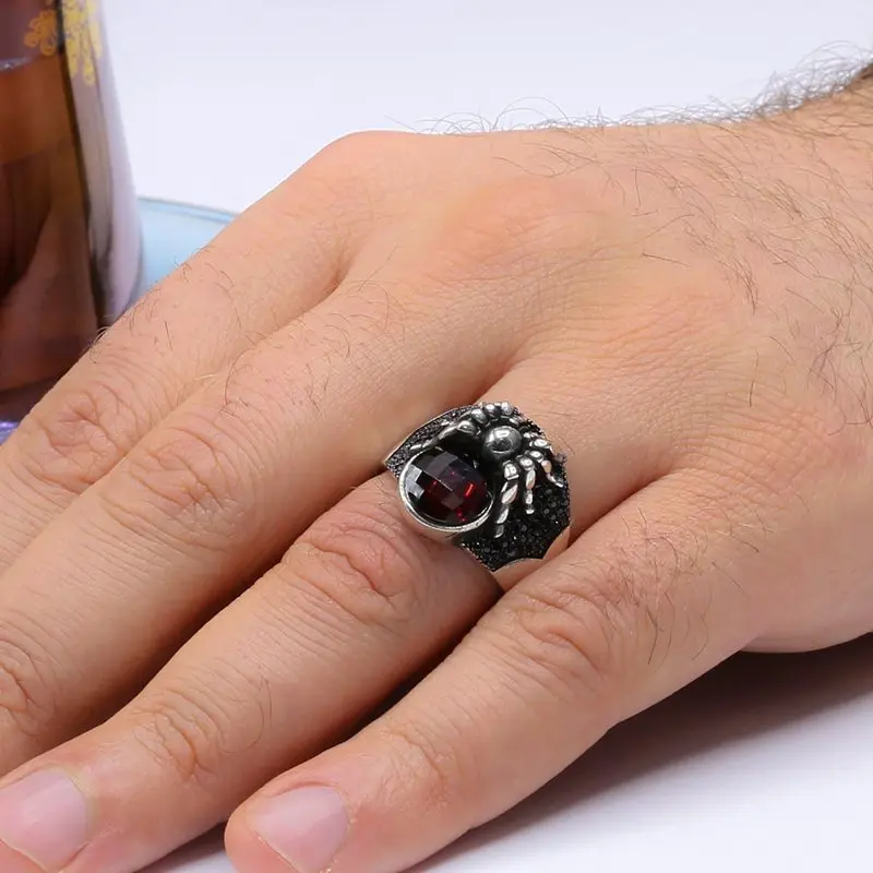 

925 Sterling Red Zircon Stone Spider Model Silver Ring Turkish Premium Quality Handmade Jawelery