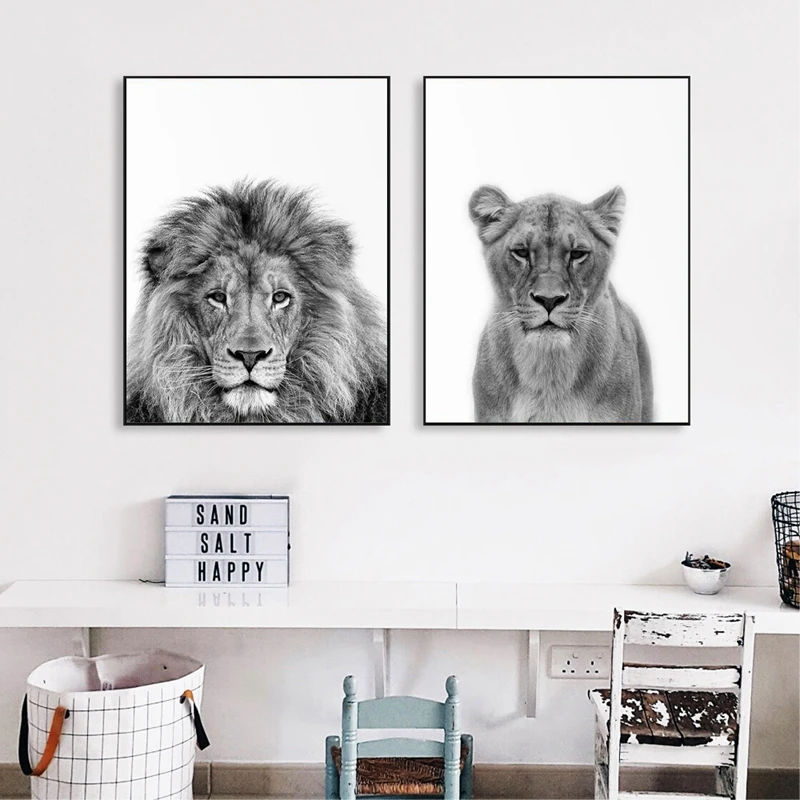 Черно-белые настенные художественные плакаты с принтом львов и животных в стиле