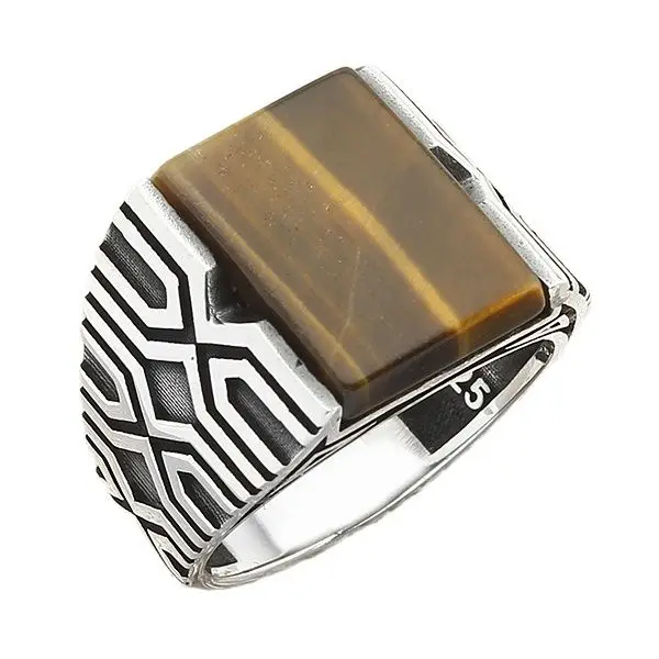 

Mesh Pattern Sterling Silver Men's Ring with Square Brown Tiger Eye Raw Gemstone Jewelry Gift for New Year's Present for Father