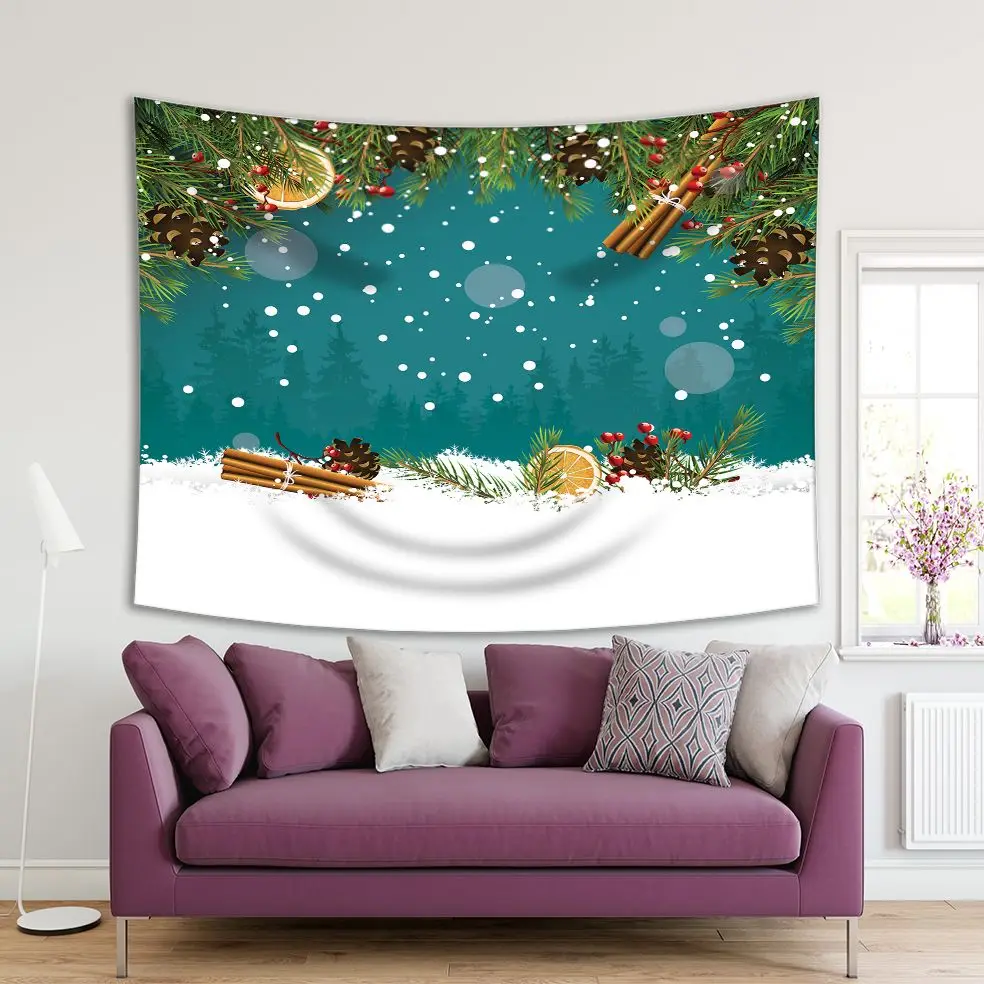 

Tapestry Christmas Decor with Fir Branches Pine Cones Berries Snowflakes on Navy Blue Background Green Red Brown Art Print