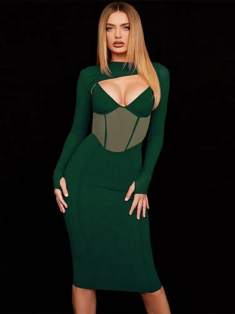 

Red Bandage Dress For New Year 2022 Women Fashion Mesh Patchwork Bodycon Dresses Autumn Winter Sexy Midi Christmas Party Dress