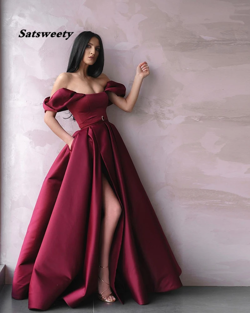 Атласное Вечернее платье с открытыми плечами ТРАПЕЦИЕВИДНОЕ Бордовое для