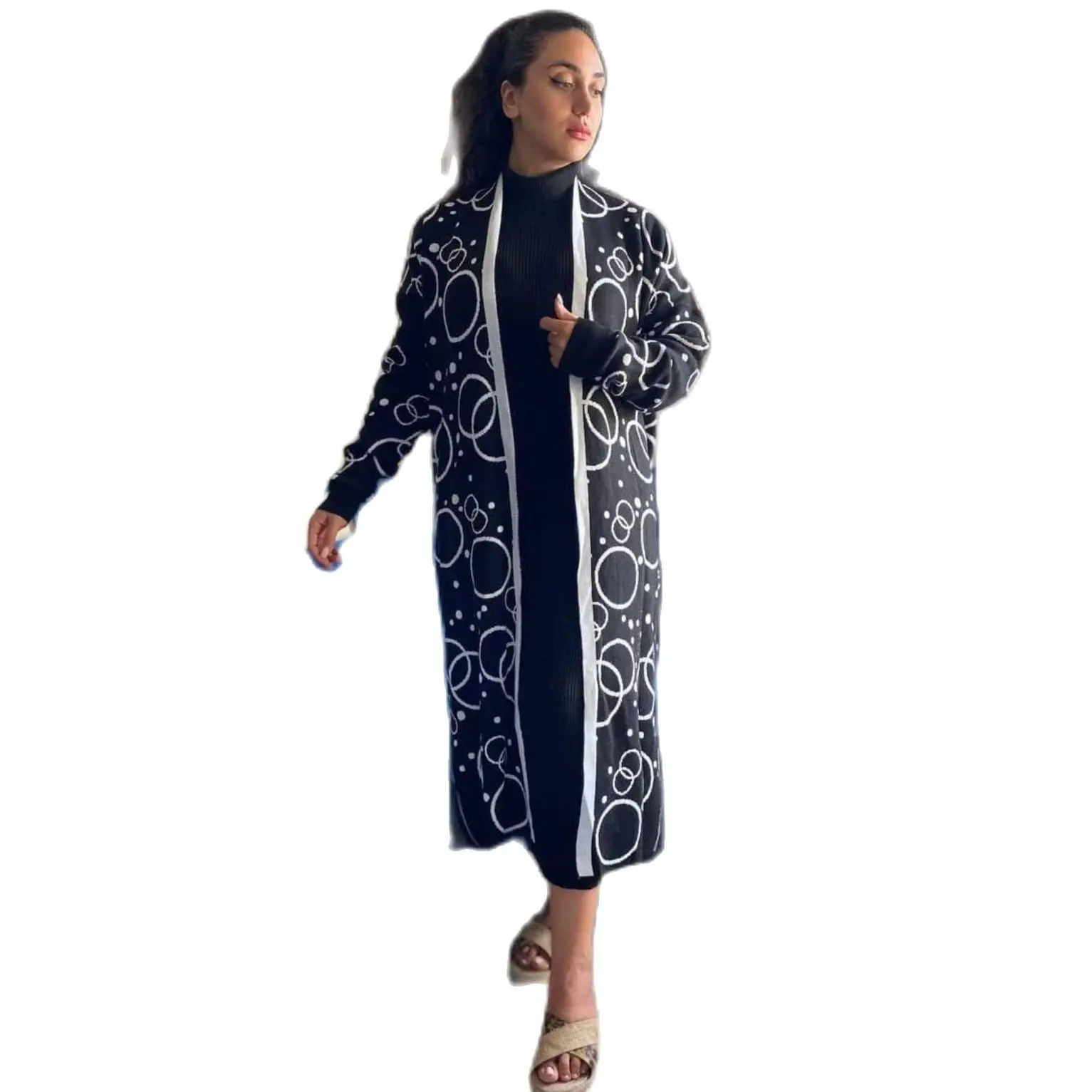 2 Piece Women's Set Bubble Patterned Knitwear Maxi Turtleneck Dress and Maxi Cardigan Long Sleeve Turkey Muslim Fashion