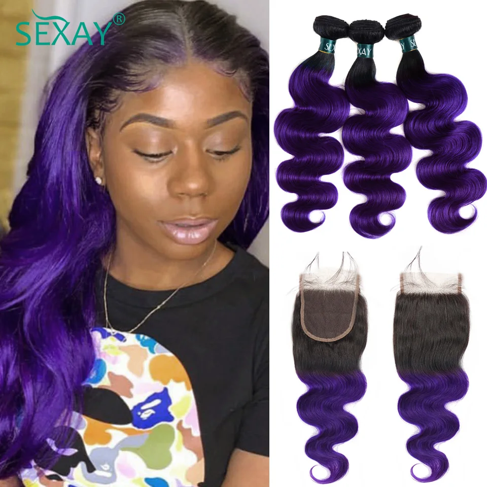 Sexay 1B Purple Body Wave Hair Bundles With Closure 10-28 Inch Brazilian Ombre Human Hair Weave Bundles With Swiss Lace Closures