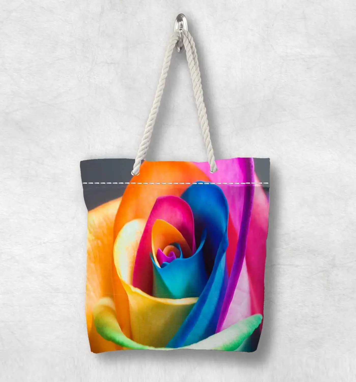 

Else Yellow Blue Pink Orange Rose Flowet New Fashion White Rope Handle Canvas Bag Cotton Canvas Zippered Tote Bag Shoulder Bag
