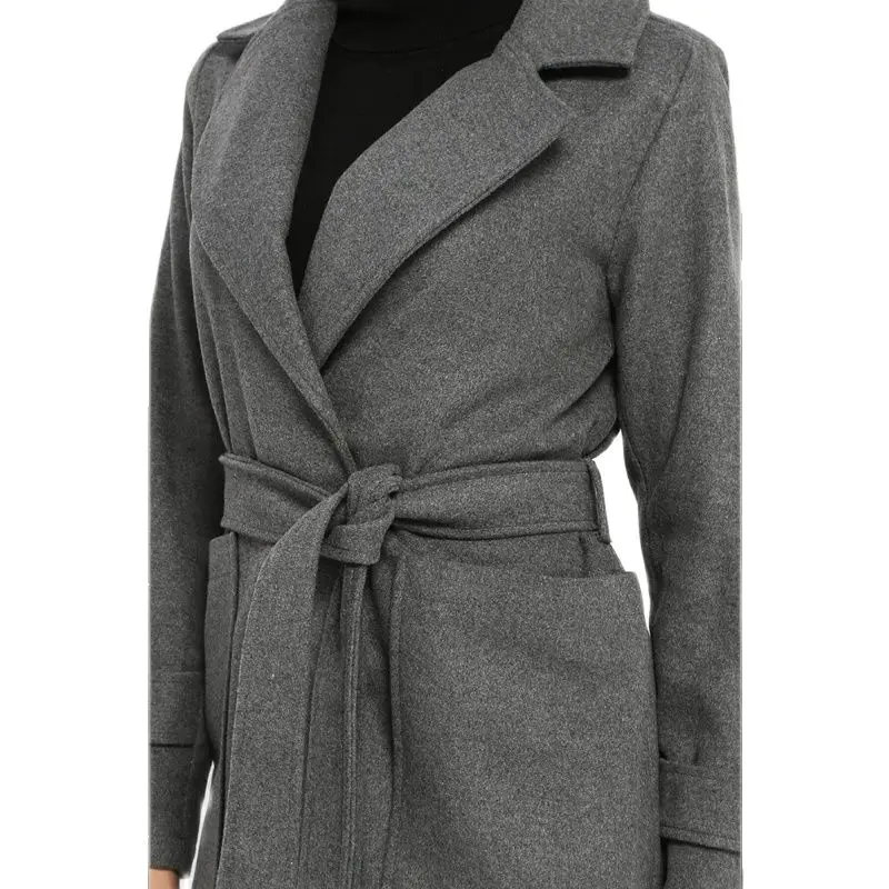

Women's Gray Belted Cachet Coat Full Length Autumn Winter Creation Fashion Women's Clothing Special Series