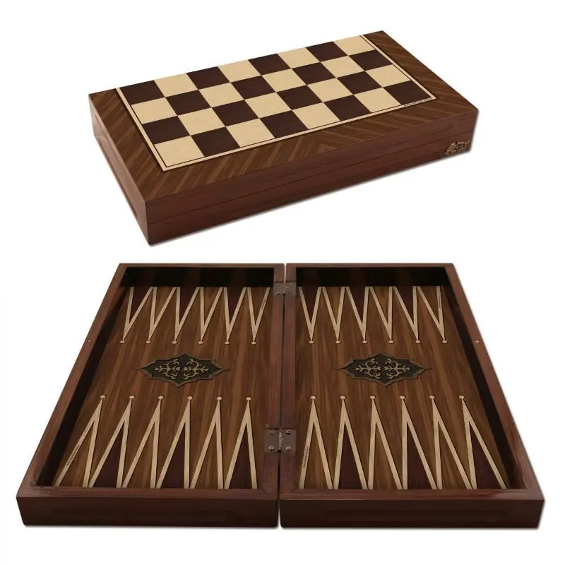 Luxury Antique Backgammon Dark Walnut Wood Folding Classic Chess Set Box Checkers Draughts Wooden Board Gift Game Entertainment