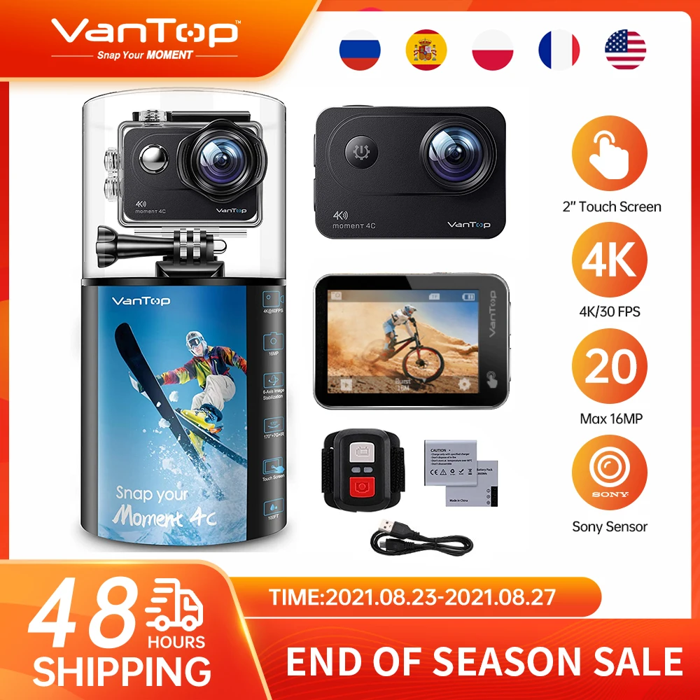 Экшн камера VanTop mom4c Спортивная с сенсорным экраном 2 дюйма 4K/60fps EIS Wi Fi 1080P