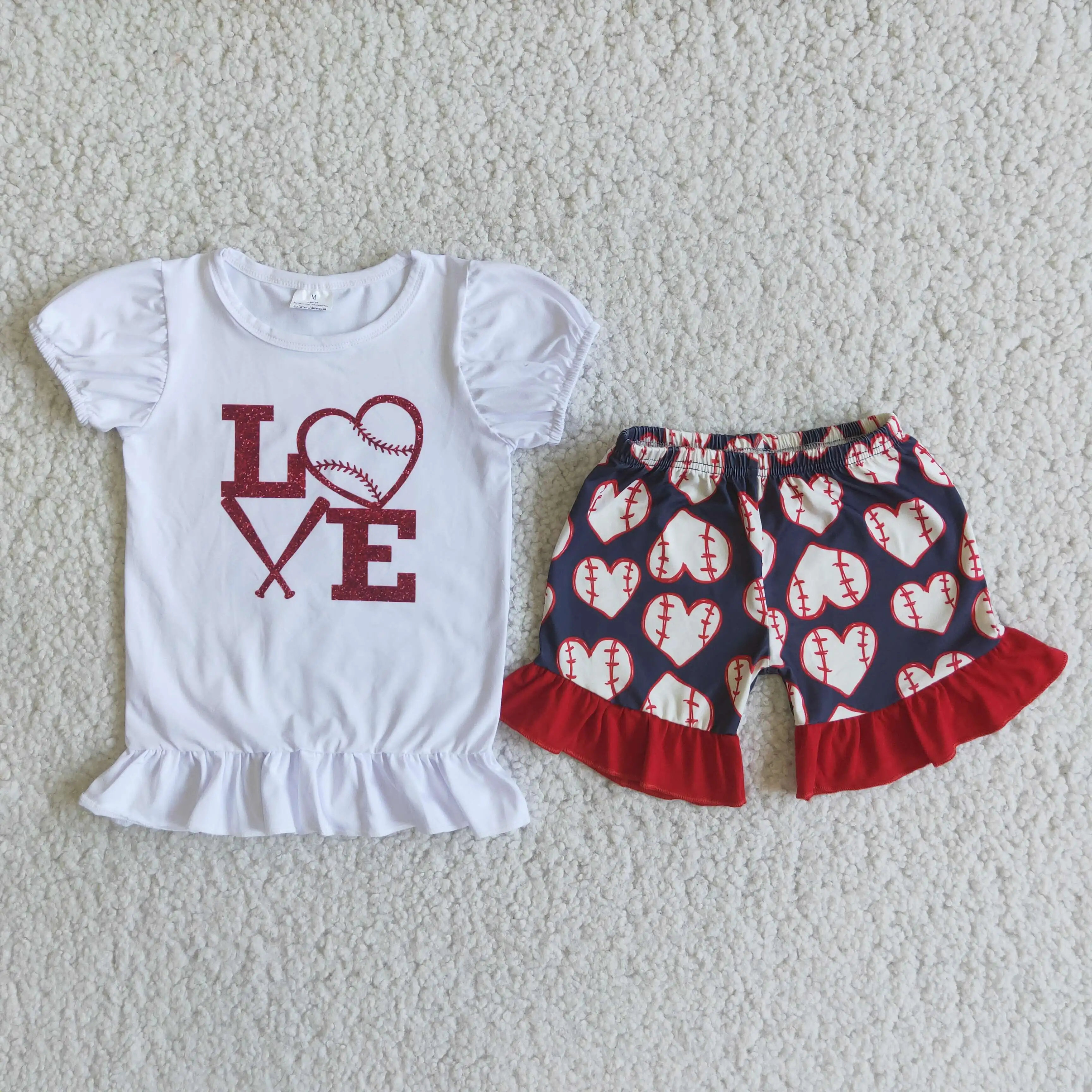 

Summer Autumn Girl's Clothes Love Print Small White T-shirt Flying Sleeves And Baseball Print Shorts Kids Clothing