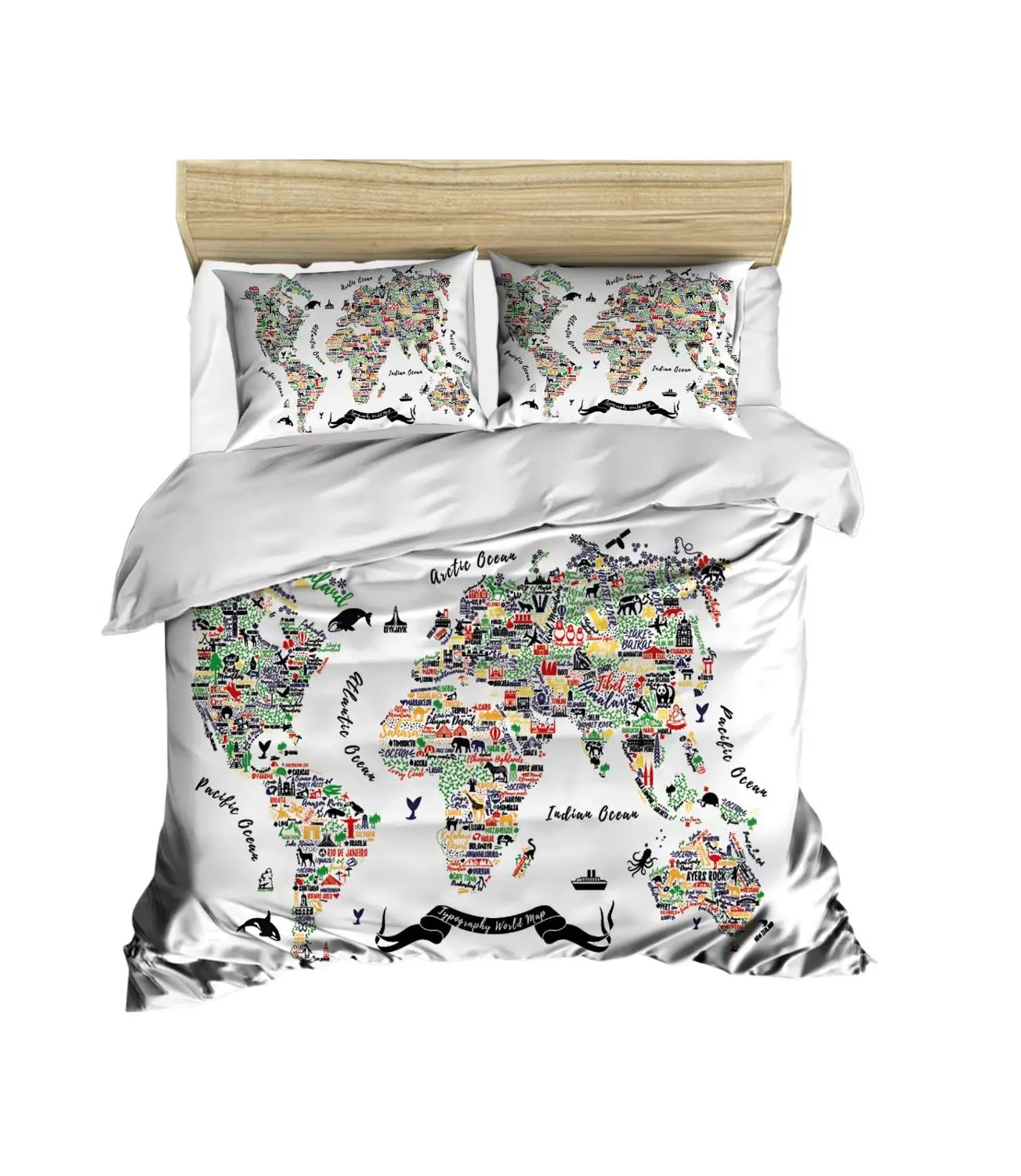 

100% Turkish Cotton World Map Bedding Famous Places Themed 3D Printed Duvet Cover Set, Made in Turkey