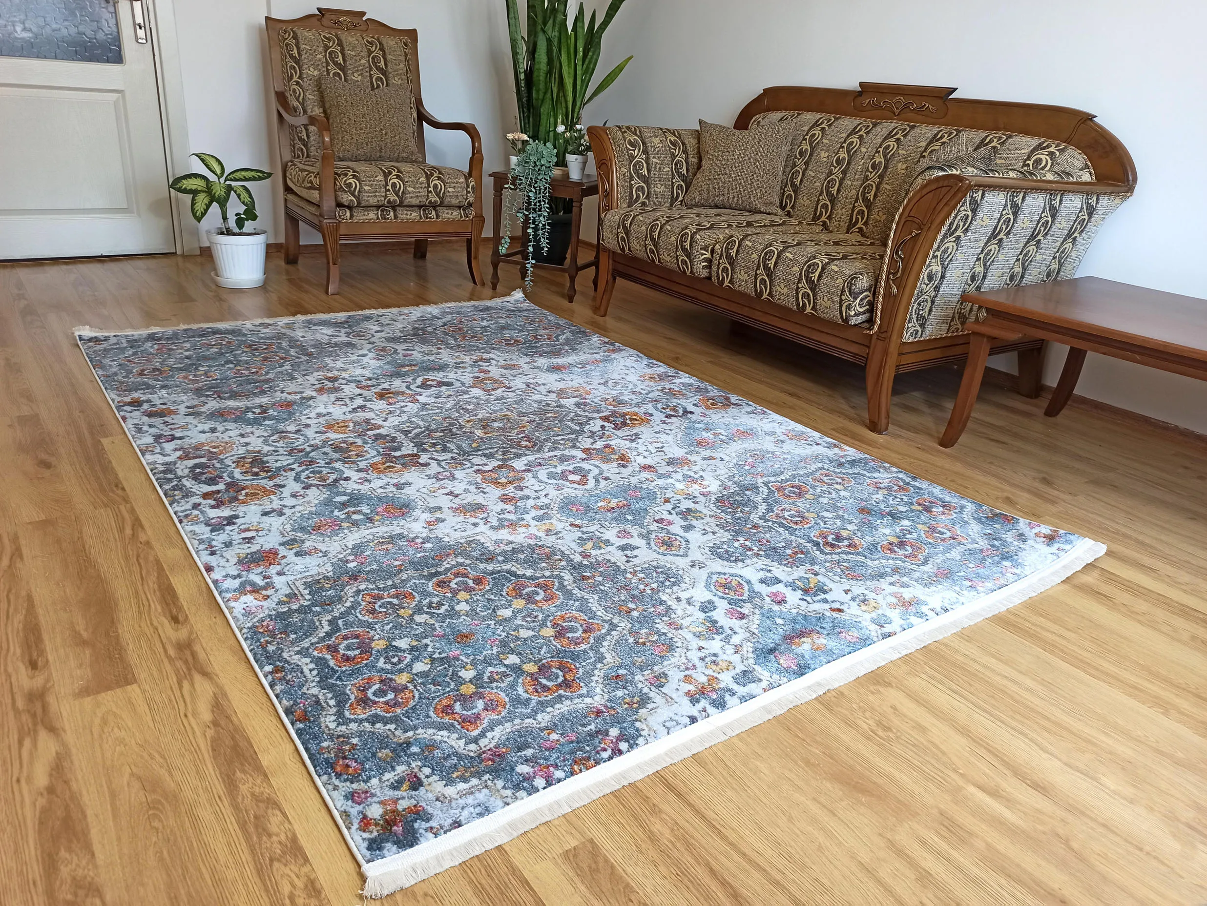 

Persian Design Blue White Area Rug, Geometric Medallion, Traditional Mid-century Rug, Home decor, Art Deco, Living Room