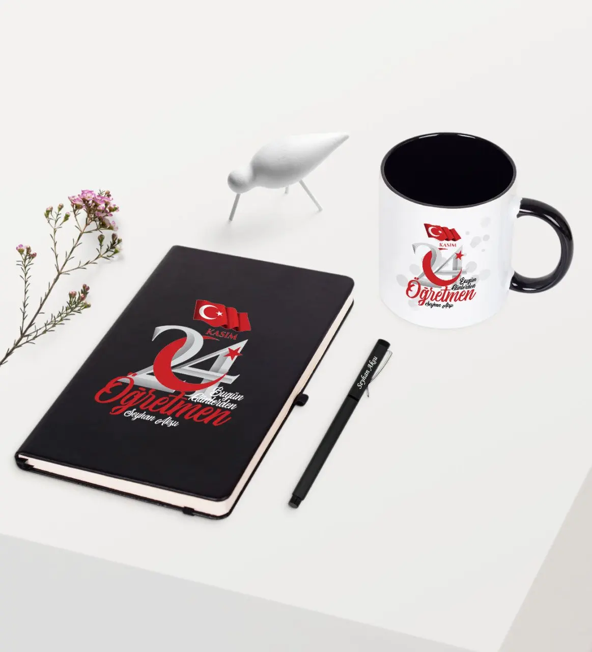 

Personalized Day Today Teacher Themed Black Notebook Pen Mug Set-2