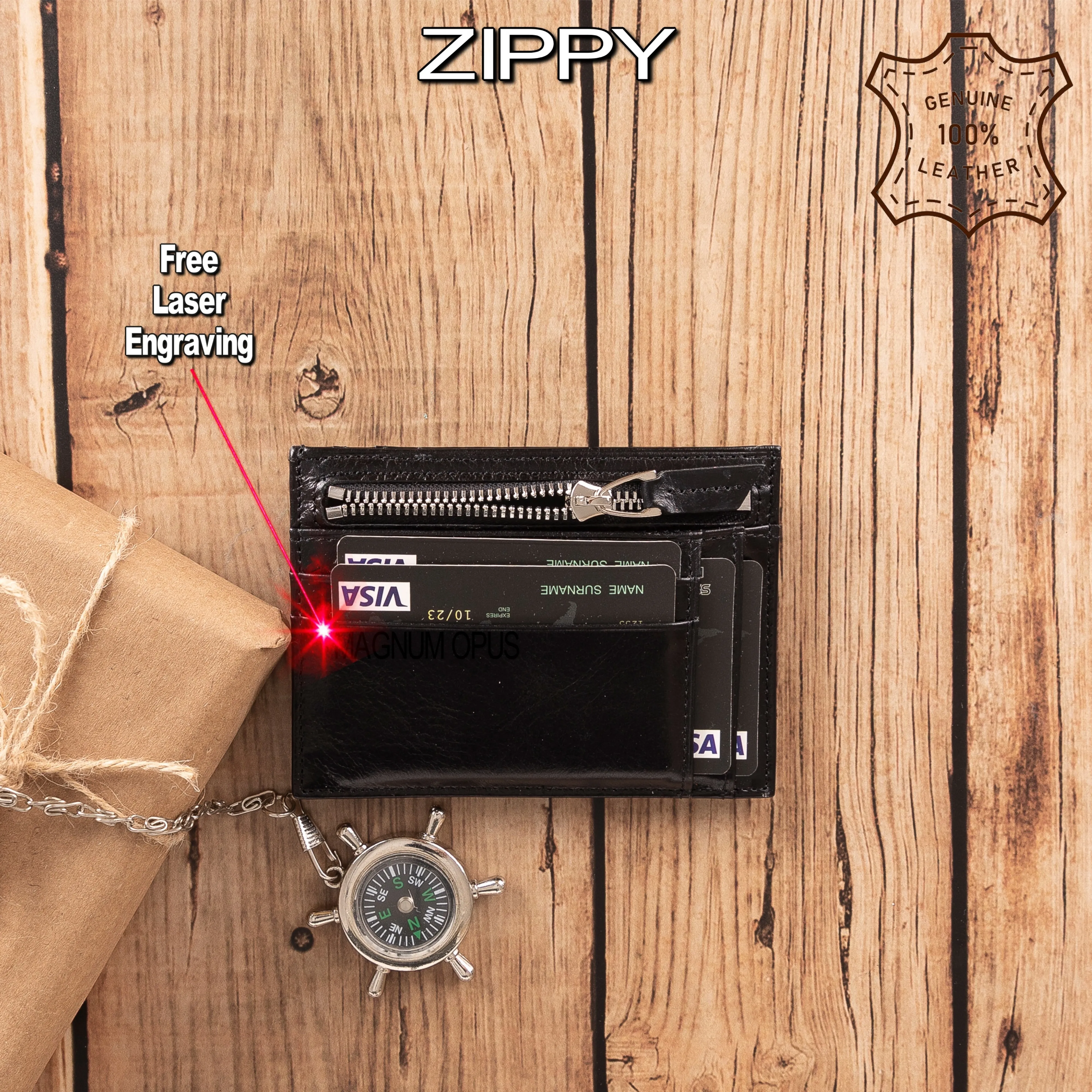 Handmade Genuine Leather Slim Credit Card Holders and 1 Banknote Slot with Zipper Modern Collectible Wallet Minimalist Elegant